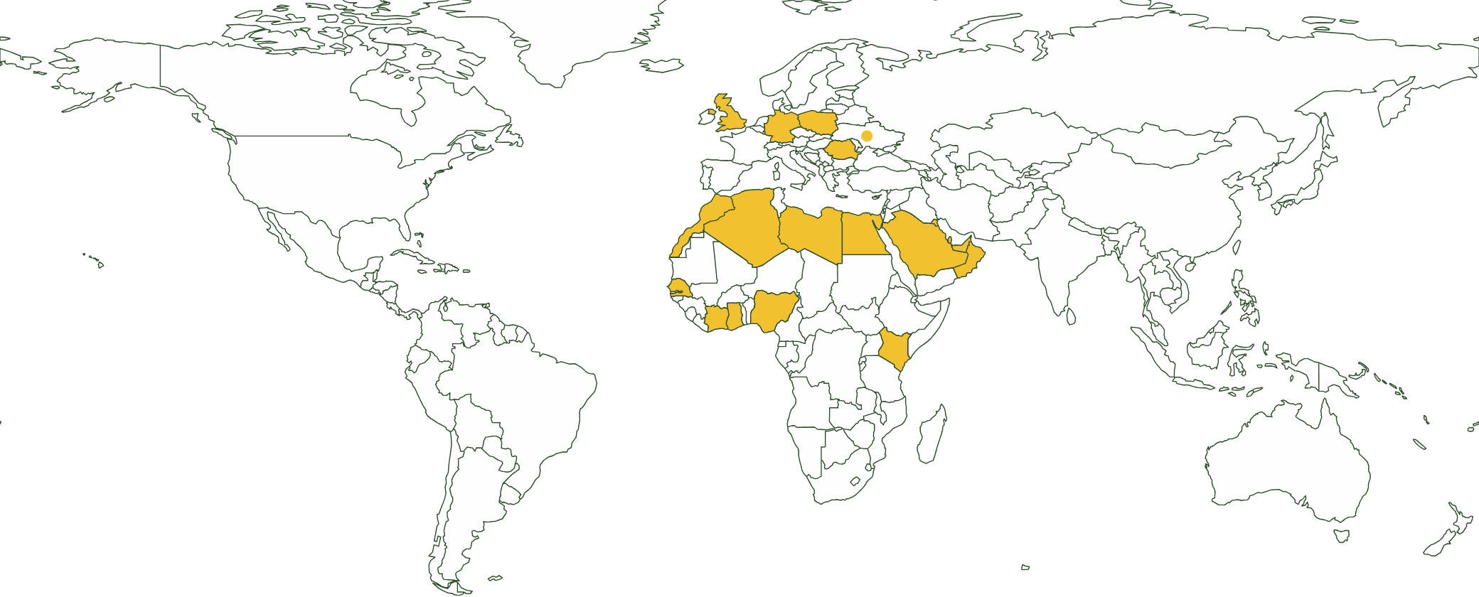 World map with the export markets of Avis Golden Oil highlighted: the Gulf, North and Sub-Saharan Africa and Europe, with Ukraine marked as the country of origin